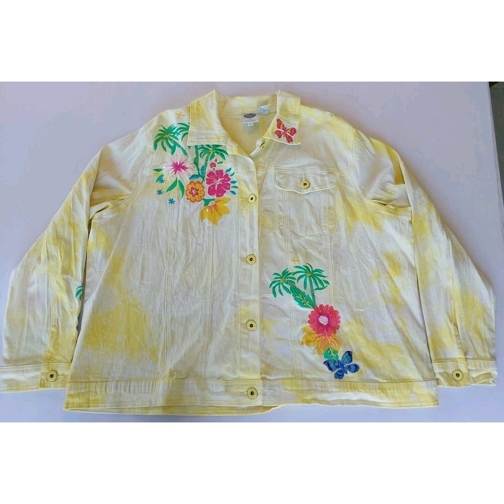 DG2 Diane Gilman 3X Colored Denim Jacket Decorated Embroidered Yellow‎ & White